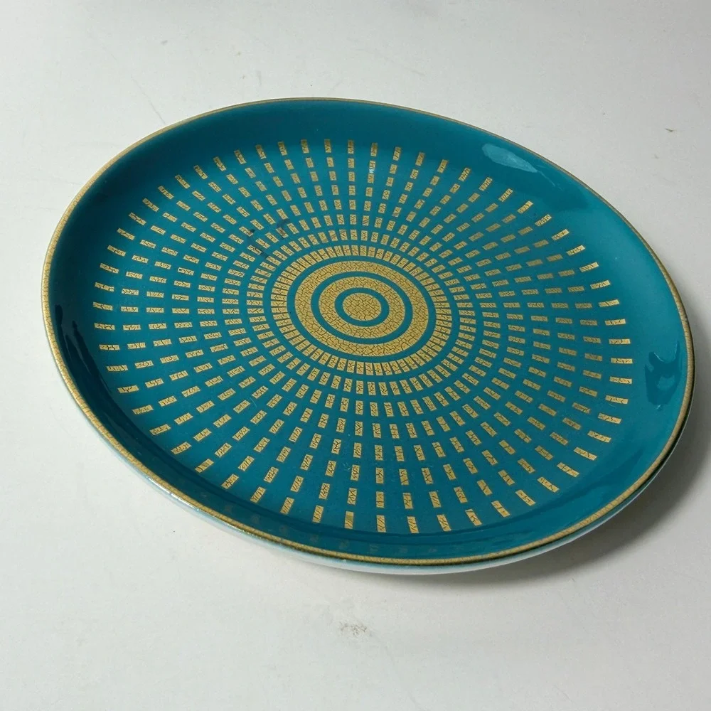 Jonathan Adler Santorini Mykonos Teal Gold Round Porcelain Trinket Dish 4.75